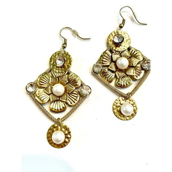 Gold Drop Pearls and Rhinestones Fashion Earrings #jazzy earrings - Picture 1 of 4
